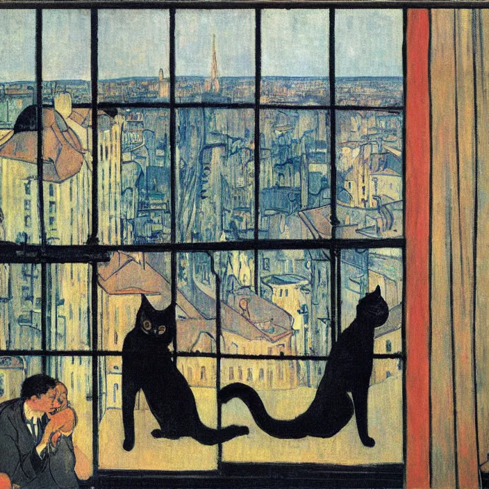 Image similar to couple under a baldachin with city seen from a window frame. fuzzy black cat. henri de toulouse - lautrec, utamaro, matisse, felix vallotton, rene magritte