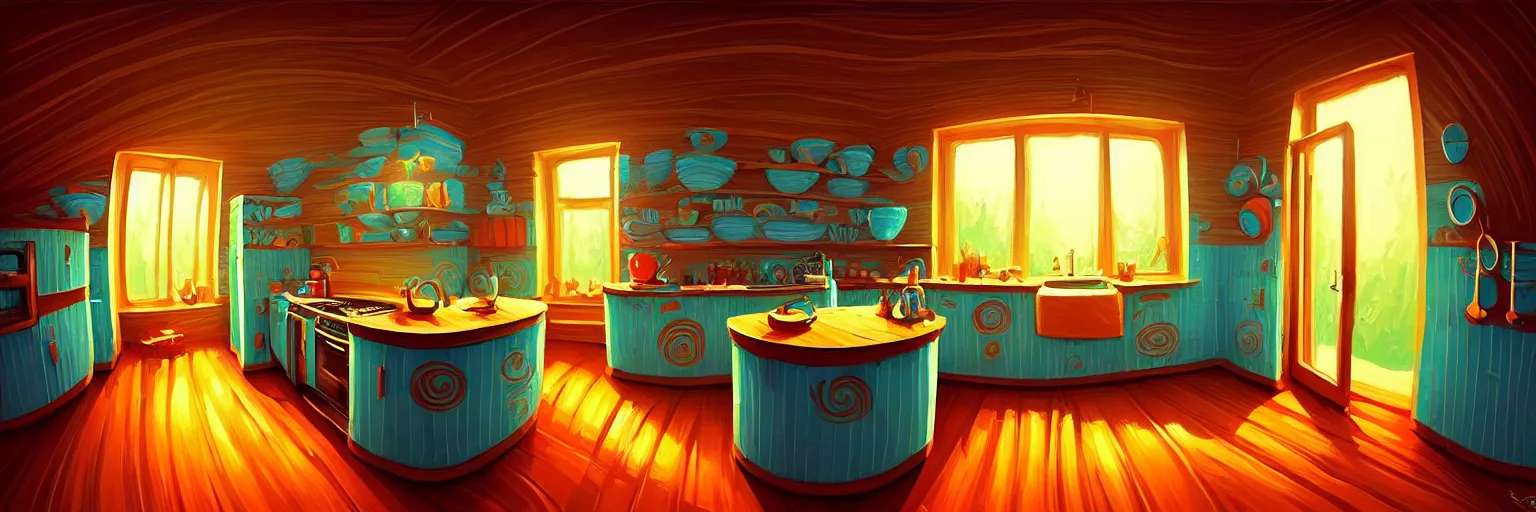 Prompt: fisheye spiral lines, naive, extra narrow, detailed illustration of a kitchen, large floor, dimly lit by rhads from lorax movie, trending artstation, wood texture