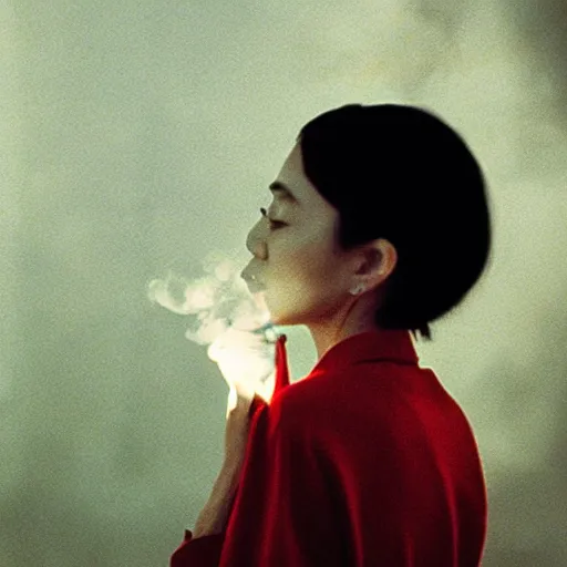 Prompt: girl smoking in a wong kar wai movie, cinematic light, atmospheric effects