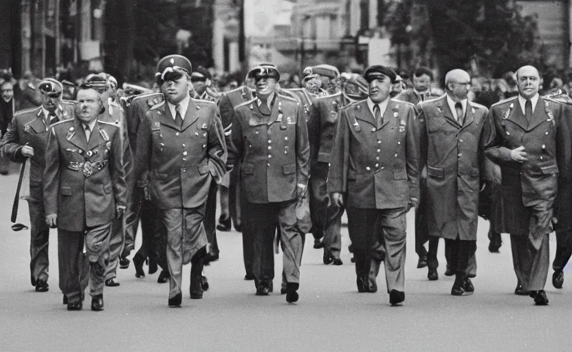 Prompt: 60s movie still full-lenght portrait of Josip Broz Tito with multiple generals in a CCCP street, by Irving Penn , Cinestill 800t 35mm black and white, heavy grainy picture, very detailed, high quality, 4k, HD criterion, dramatic lightning, precise texture