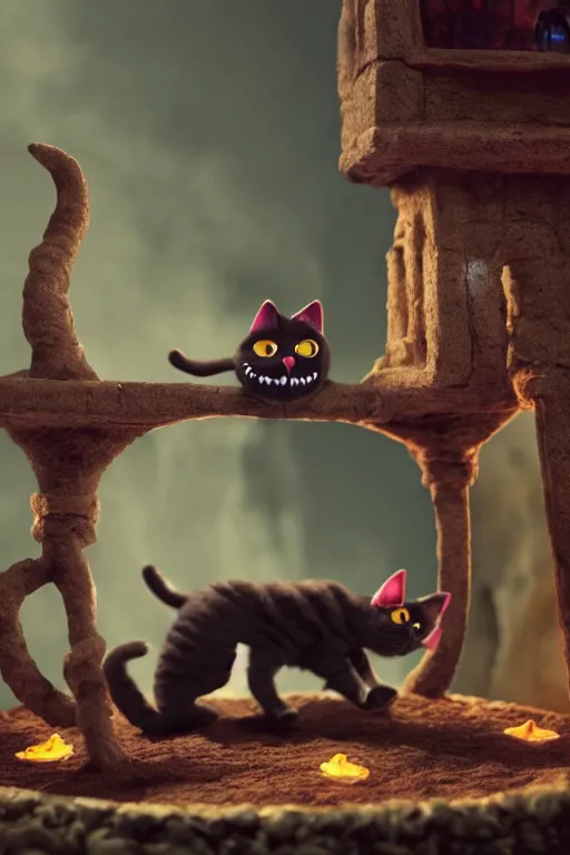 Prompt: claymation, spooky kitty crawling out of a cauldron, 4 k, high res, pixar, stop motion, masterpiece, realistic lighting