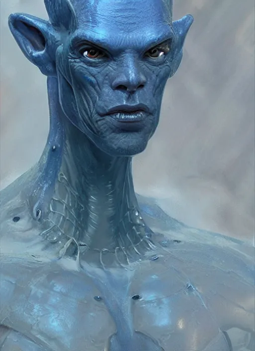 Prompt: fantasy and science fiction portrait of a blue alien wearing a semi-transparent biosuit, detailed, intricate, very realistic, in the style of James Gurney, Craig Mullins, Wlop