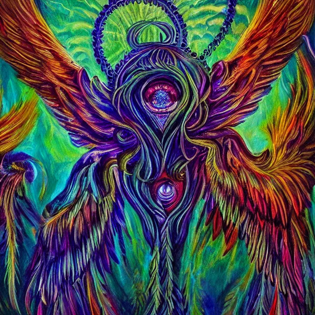 Prompt: angelic seraphim Lovecraftian celestial covered in eyes feathers and wings, oil painting award winning, chromatic aberration sharp colors, symmetrical geometry sublime angel be not afraid