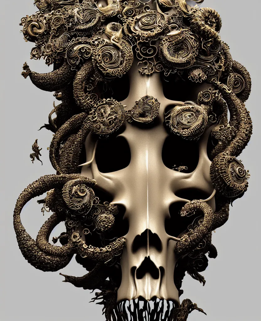 Image similar to goddess princess face close-up portrait ram skull. sculpture made of black clay and gold. jellyfish phoenix head, nautilus, orchid, skull, betta fish, bioluminiscent creatures, intricate artwork by Tooth Wu and wlop and beeple. octane render, trending on artstation, greg rutkowski very coherent symmetrical artwork. cinematic, hyper realism, high detail, octane render, 8k