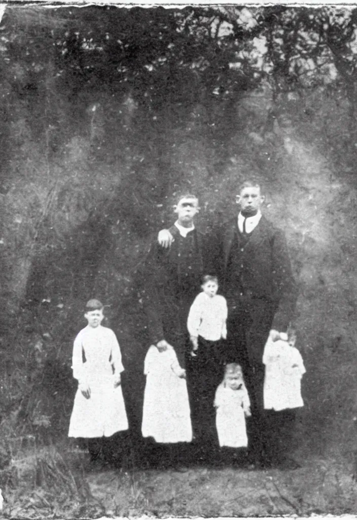 Image similar to photo taken in the 1 9 1 0's, full body view, family pictures with ghost children semi - visible