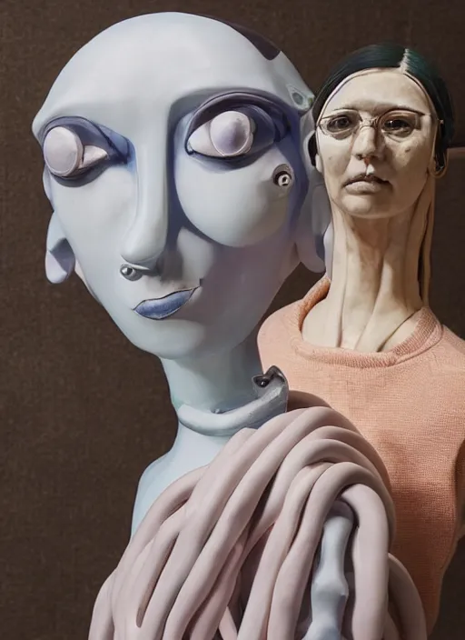 Prompt: studio photograph of a contemporary ceramic sculpture of a quirky female android by hikari shimoda and jack gaughan