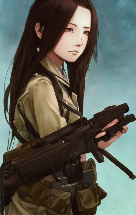 Prompt: infantry girl, anime style, long hair, hair down, symmetrical facial features, shot wounds, from girls frontline, hyper realistic, pale skin, rule of thirds, extreme detail, detailed drawing, trending artstation, hd, war action, trading card, by alphonse mucha, greg rutkowski, backlit