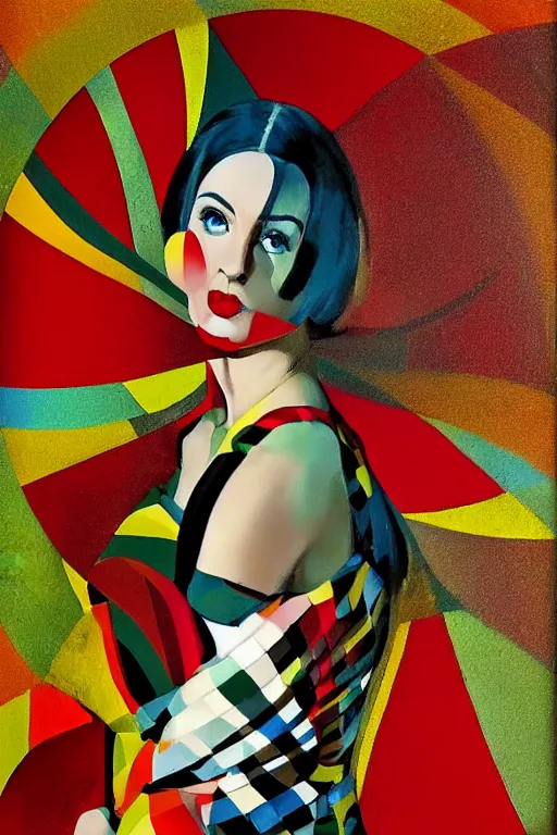 Prompt: beautiful digital oil vintage harlequin girl by Maio 60s