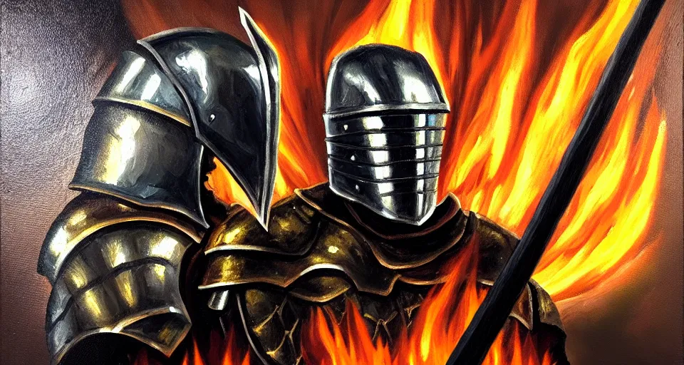 Image similar to An oil painting of a knight in dark metal armor wielding a flaming sword