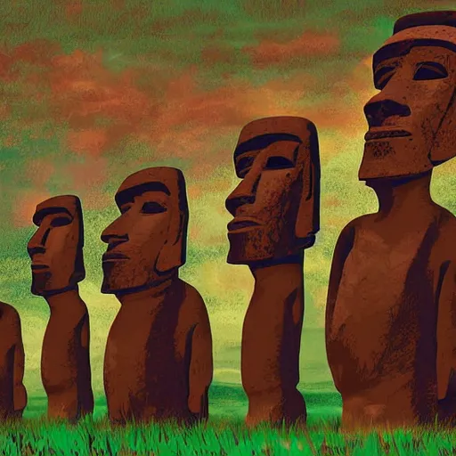 Image similar to easter island meets mapuches. illustration. digital art