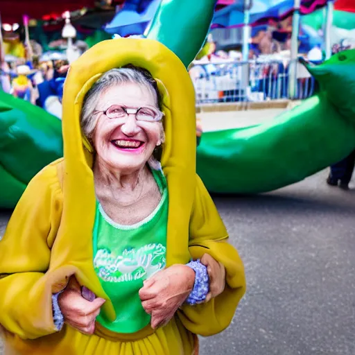 Prompt: a smiling lovely cute granny in a pickle costume at the state fair background. editorial photography