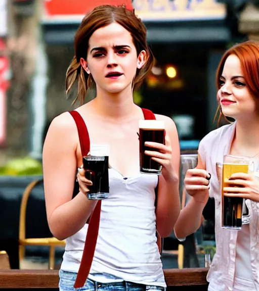 Image similar to Emma Watson and Emma stone are smoking cigarette and drinking beer in local bar photo cinematic portrait hd