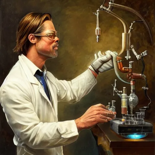 Prompt: brad pitt as a scientist, oil painting by justin gerard, deviantart