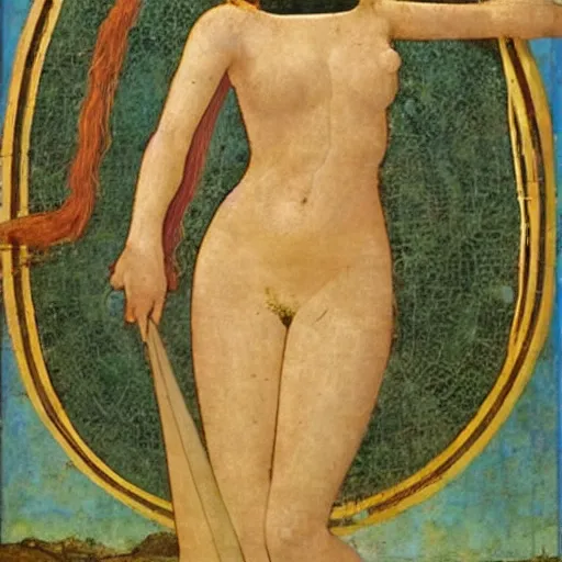 Image similar to half - length portrait of beautiful witch circe in the odyssey, art by piero della francesca, giotto, leonardo da vinci, moebius