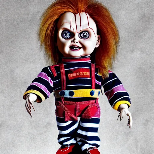 Image similar to chucky the killer doll on standing on a work bench table