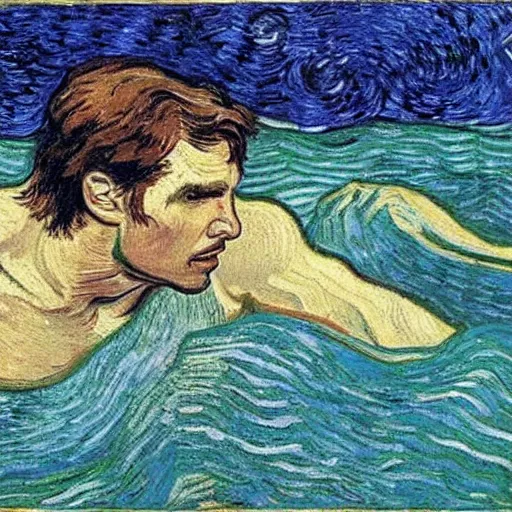 Prompt: Tom Cruise swimming in the sea by Van Gogh