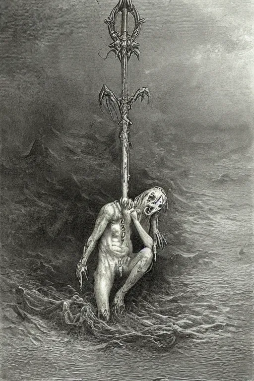 Image similar to painting by gustave dore of a drowned zombie with!! glowing cyan eyes!!, holding a trident, underwater