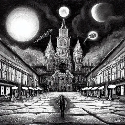 Image similar to ultra realist soft painting of a curiosities fair by night, nightmare horror, omnious sky, symmetry accurate features, very intricate details, black and white, volumetric light clouds