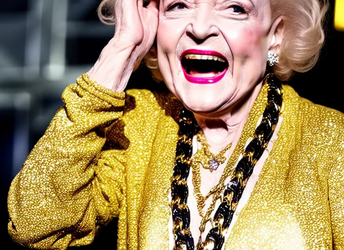 Image similar to publicity photo still of betty white as a gangsta rapper covered in gold chains, with grills in teeth and wearing a jumpsuit live on stage, 8 k, live concert lighting, mid shot