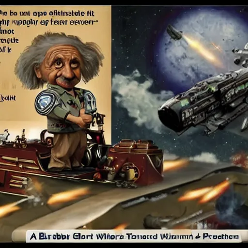 Image similar to Albert Einstein flying a Warhammer 40k Storm Speeder