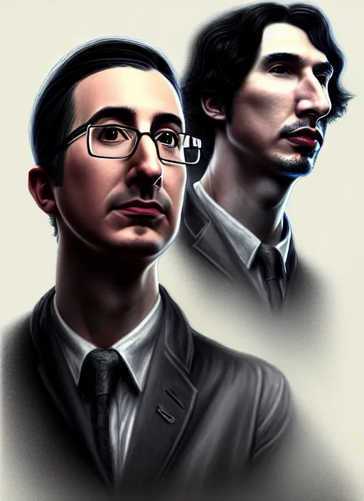 Image similar to a portrait of john oliver standing next to adam driver, stoic, military uniform, fantasy, intricate, elegant, beautiful, highly detailed, charcoal, centered, dark, smokey, digital painting, artstation, concept art, smooth, sharp focus, illustration, art by krenz cushart and wenjun lin