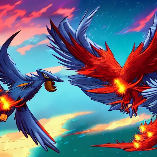 Image similar to the ultimate battle between articuno and zapdos and moltres, by dan mumford, yusuke murata, makoto shinkai, ross tran, cosmic, heavenly, god rays, intricate detail, cinematic, 8 k, cel shaded, unreal engine, featured on artstation, pixiv