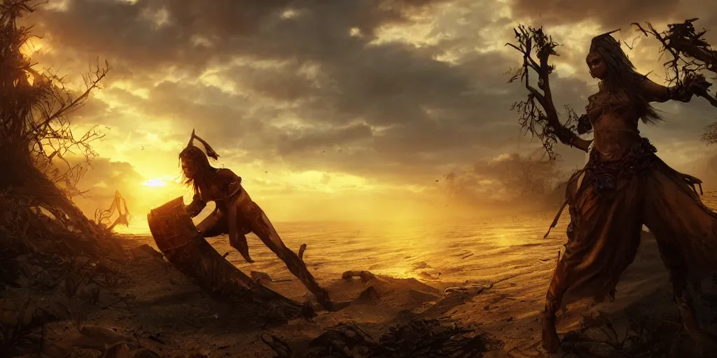 Prompt: epic medieval woman shipwrecked on a beach, dark forest and hills with bandits orcs and zombies, dramatic dark glowing golden neon sunset, dynamic lighting, hyperrealistic, hd 4 k, artstation