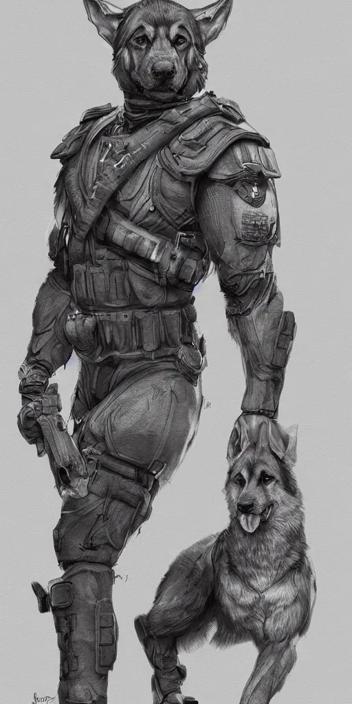 Prompt: full body of a humanoid german shepherd beast - man in military style, highly detailed portrait, digital painting, artstation, concept art, smooth, sharp foccus ilustration, artstation