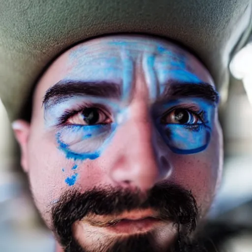 close up fish eye photo of a man with blue skin and a, Stable Diffusion