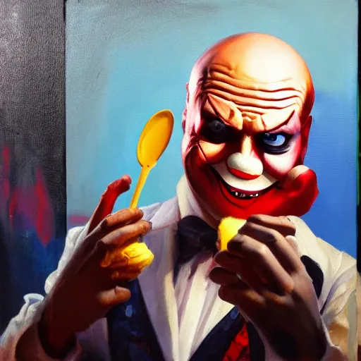 Prompt: oil painting of Agent 47 in a clown costume eating ice cream, video game, highly detailed, avante garde