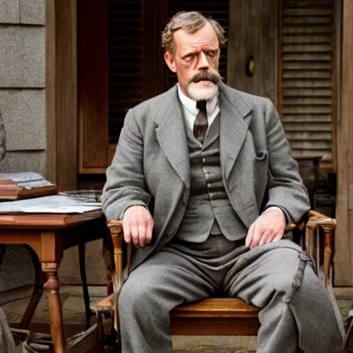 Prompt: Hugh Laurie as Theodore Roosevelt in 'Roosevelt' (2019), movie still frame