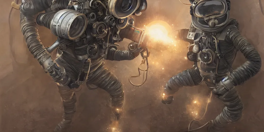 Image similar to highly detailed portrait painting of welder in atmospheric diving suit, mono eyed, by eddie mendoza and tyler edlin, windows, 8 k resolution