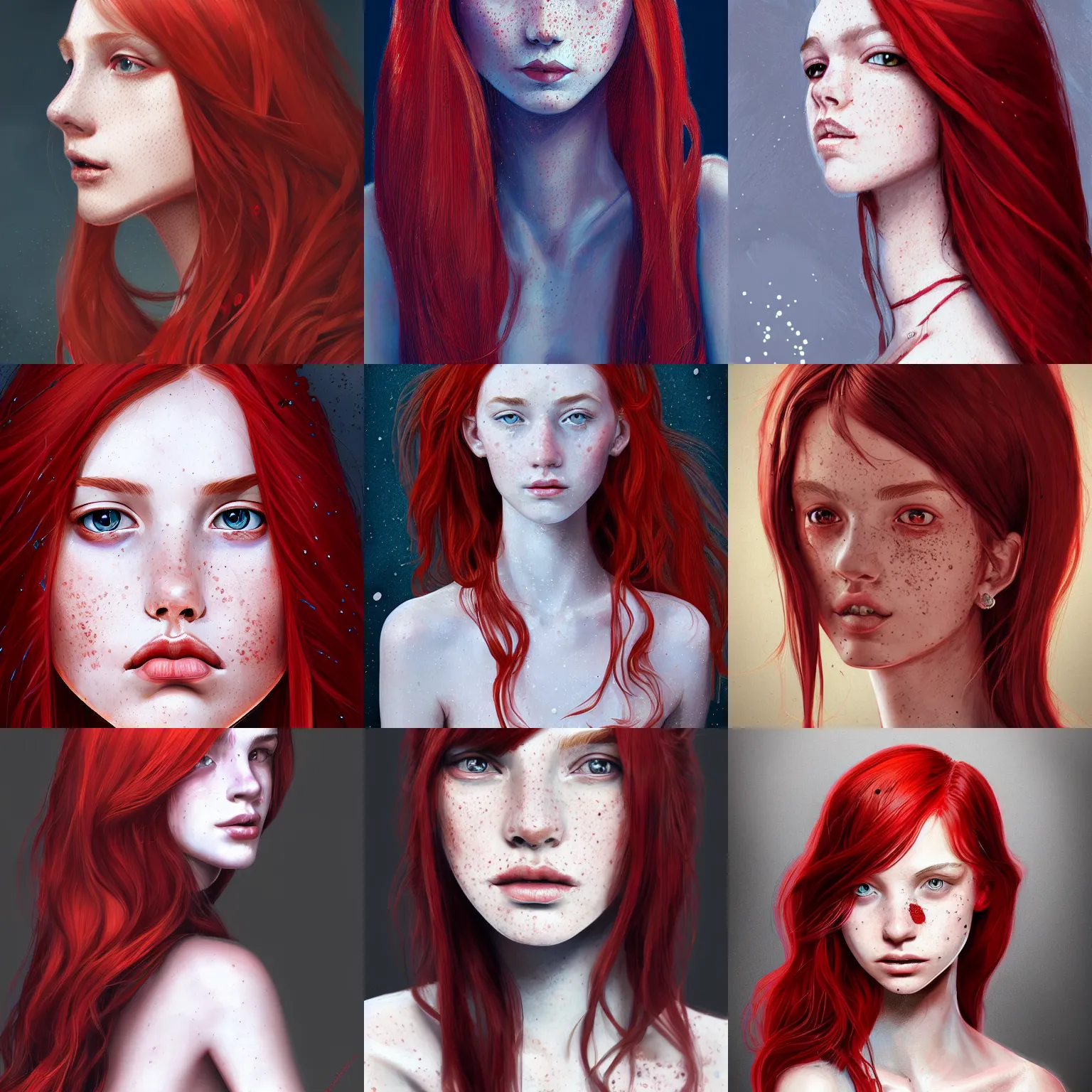 Prompt: portrait of a thin teen girl with freckles with long red hair, intricate, elegant, highly detailed, digital painting, artstation, concept art, sharp focus, illustration