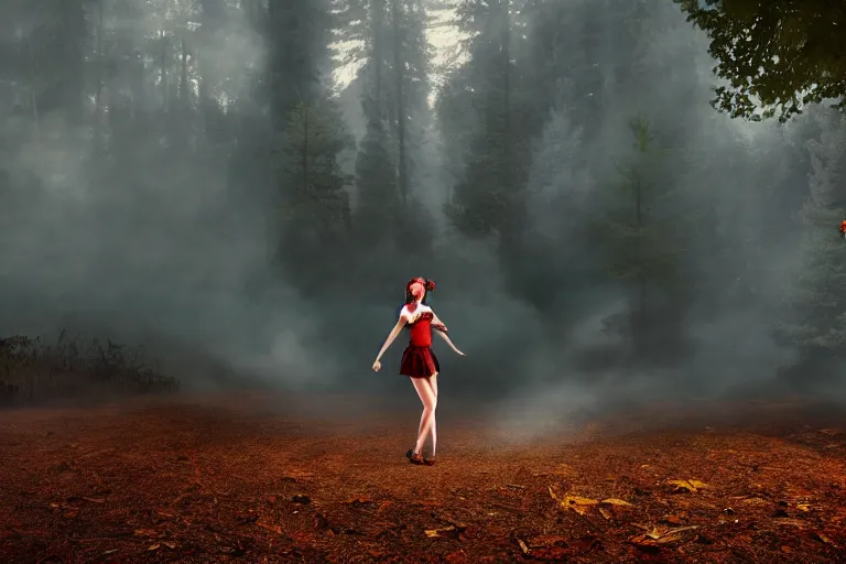Image similar to wide angle shot of a girl dancing in a smoky forest, dramatic, cinematic, high contrast, octane render, cgsociety, artstation, 4k