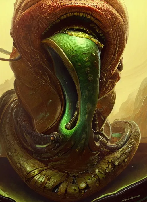 Image similar to elon musk!!! as slimy mollusk, anthropomorphic character, drool, concept art, intricate, elegant, highly detailed, digital painting, artstation, wallpaper, smooth, sharp focus, illustration, art by h. r. giger and artgerm and greg rutkowski and alphonse mucha