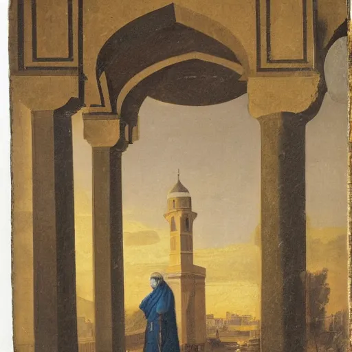 Image similar to 18th century historical painting representing Arab man near old mosque in old Arab city, by Joshua Reynolds, Hermitage museum catalog photography,