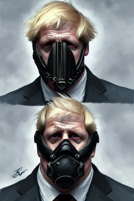 Image similar to Boris Johnson as a Bane from Dark Knight, Boris Johnson hairstyle, realistic portrait, symmetrical, highly detailed, digital painting, artstation, concept art, smooth, sharp focus, illustration, cinematic lighting, art by artgerm and greg rutkowski and alphonse mucha