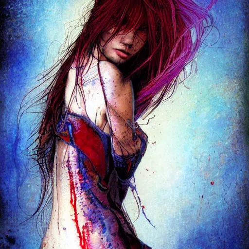 Prompt: the brittle. digital painting, vertical, intricate, beautiful, detailed, grunge, illustration, abstract art by luis royo and malevich and kandinsky, trending on artstation. blue, dark red and dark purple color scheme, gradient darker to bottom