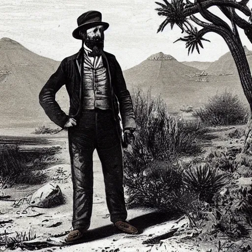 Image similar to 19th century scruffy american trapper, standing next to desert oasis, sphinx in distance, pulp science fiction illustration