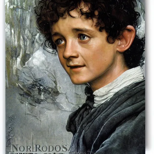 Image similar to Frodo Baggins head and shoulders portrait by norman Rockwell, epic