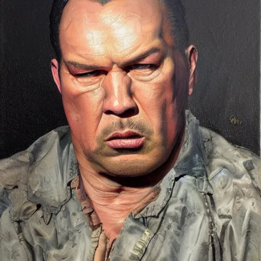 Image similar to Oil painting by Christian Rex Van Minnen of a portrait of an extremely bizarre disturbing mutated steven seagalwith intense chiaroscuro lighting very detailed insanely creepy perfect composition
