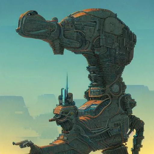 Prompt: cybernetic cyborg warrior, wretched camel, by Victo Ngai and Christophe Vacher