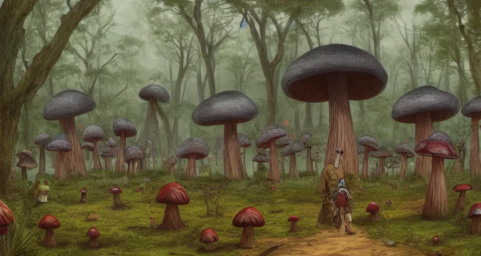 Image similar to A tribal village in a forest of giant mushrooms, by Esao Andrew