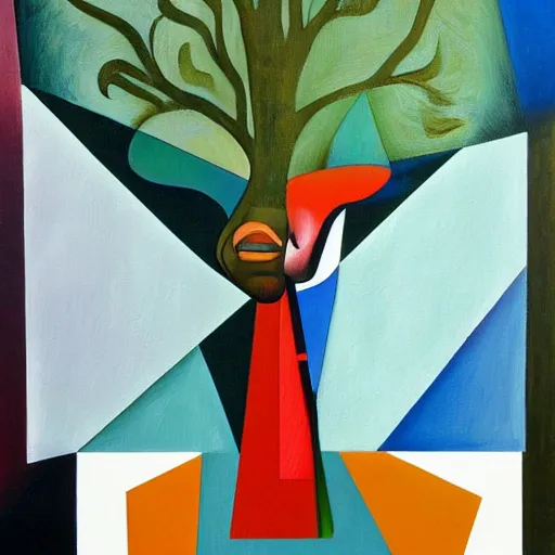 Image similar to a painting of a man's face with a tree growing out of it, a cubist painting by francis bacon, behance contest winner, deconstructivism, dystopian art, cubism, oil on canvas