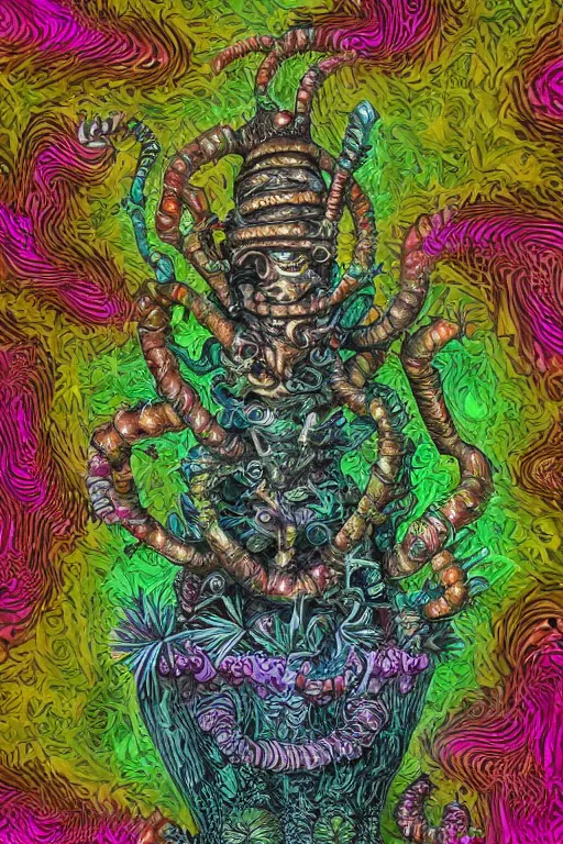 Image similar to creature sushi roots cactus elemental flush of force nature micro world fluo light deepdream a wild amazing steampunk baroque ancient alien creature, intricate detail, colorful digital painting