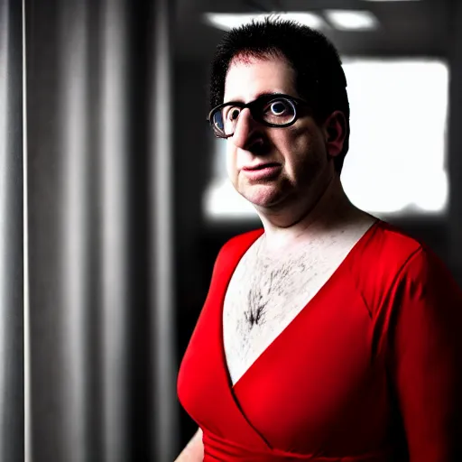 Image similar to Kevin Mitnick in a red dress, grungy, unkept hair, glowing eyes, modelsociety, radiant skin, huge anime eyes, RTX on, perfect face, vogue, directed gaze, intricate, Sony a7R IV, symmetric balance, polarizing filter, Photolab, Lightroom, 4K, Dolby Vision, Photography Award