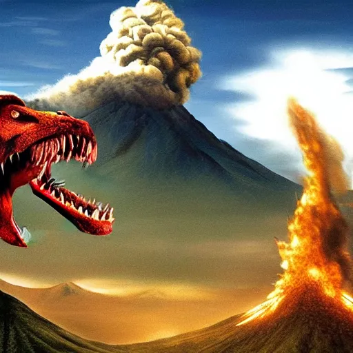 Image similar to photo realistic art of t-rex roaring, Volcano erupting far in the background, very very very very detailed