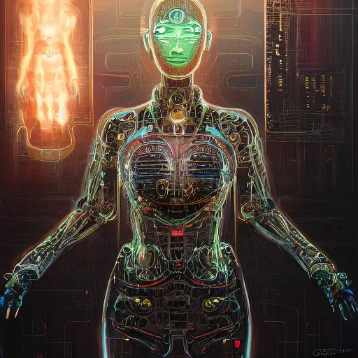 Image similar to Meditating cyborg with many cybernetic implants and wiring, lotus pose, techno-optimism, utopia, sci-fi, hyperrealist, centered, wide angle shot, detailed, intricate, digital painting by Greg Rutkowski, face by artgerm, digital art, trending on artstation, top post of all time on /r/transhumanism subreddit