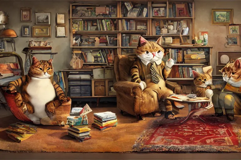 Image similar to short fat anthropomorphic cats wearing trousers and shirts. they live underground in a cave, kitchen table, stove, fridge, sink, armchairs, cosy fireplace, stack of books on side table, colourful rug on floor by fireplace, pictures of family on wall, soft, cosy, craig mullins, james gurney, detailed watercolour, texture, highly detailed, movie scene, illustrative, hd, 4k