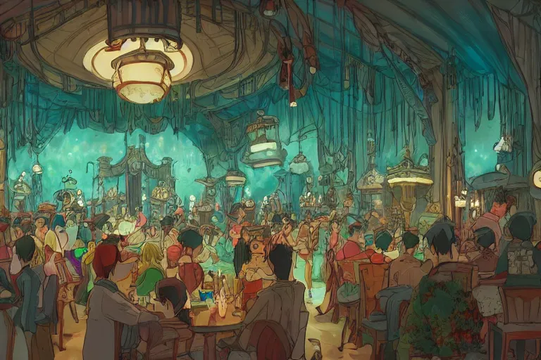 Prompt: interior wide angle shot of a fantasy cabaret in the style of studio ghibli and makoto shinkai, clean lines